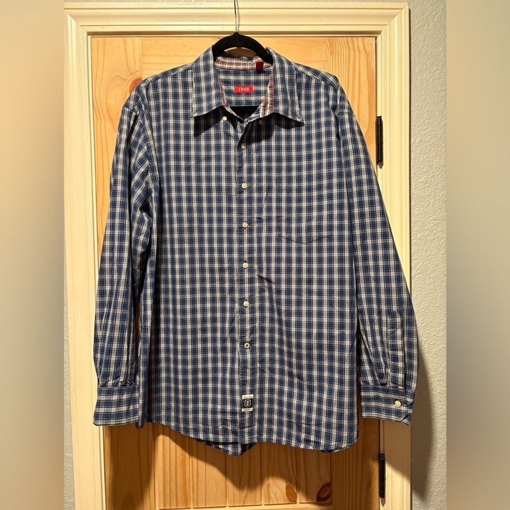 Izod Shirt Mens XL Button Down Long Sleeve Plaid Blue White Casual Dress Cotton